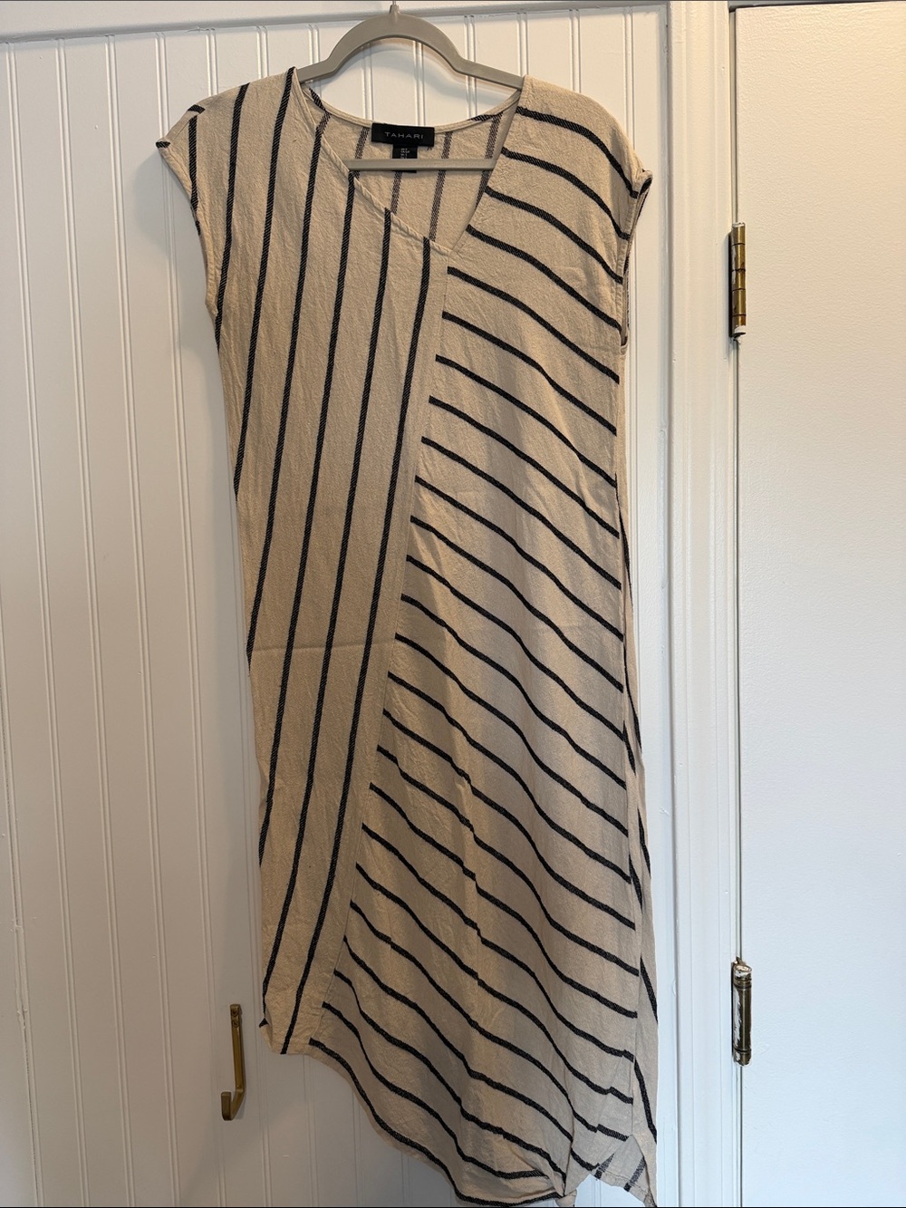 Tahari Beige and Black Asymmetrical Stripe Dress
